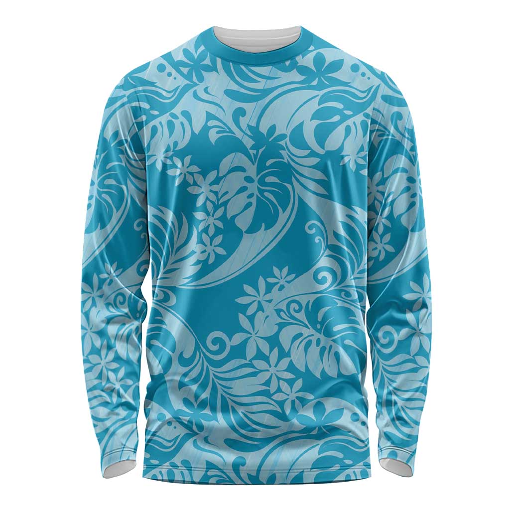 Tahiti Ninamu Tiare Floral Long Sleeve Shirt Monstera Palm Tropical Leaves LT01 Unisex Blue - Polynesian Pride