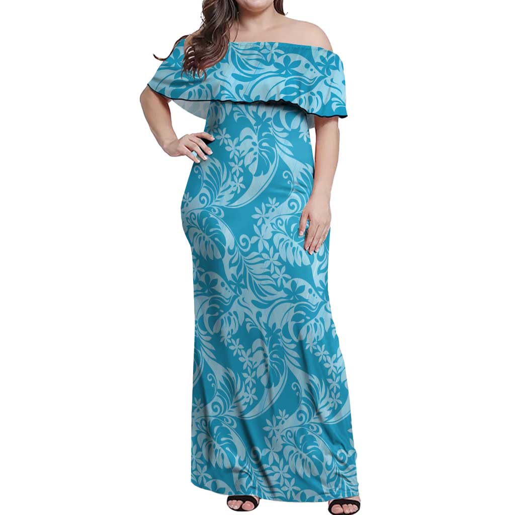 Tahiti Ninamu Tiare Floral Off Shoulder Maxi Dress Monstera Palm Tropical Leaves - Polynesian Pride