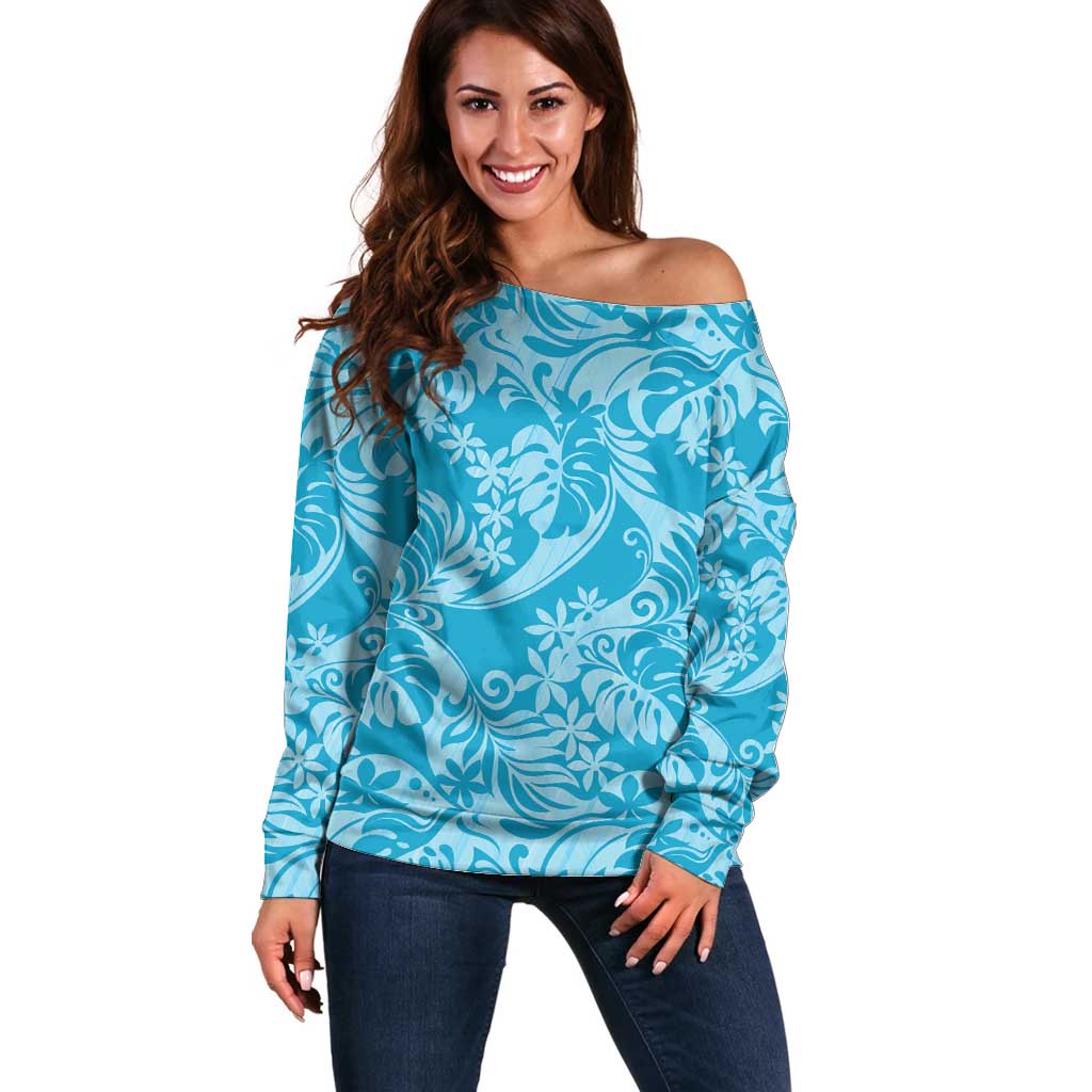 Tahiti Ninamu Tiare Floral Off Shoulder Sweater Monstera Palm Tropical Leaves - Polynesian Pride