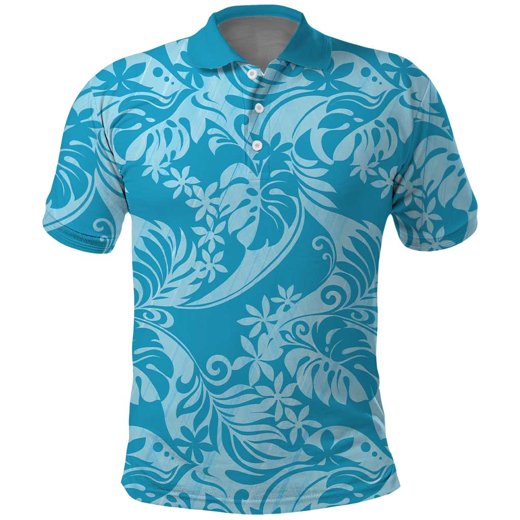 Tahiti Ninamu Tiare Floral Polo Shirt Monstera Palm Tropical Leaves LT01 Blue - Polynesian Pride