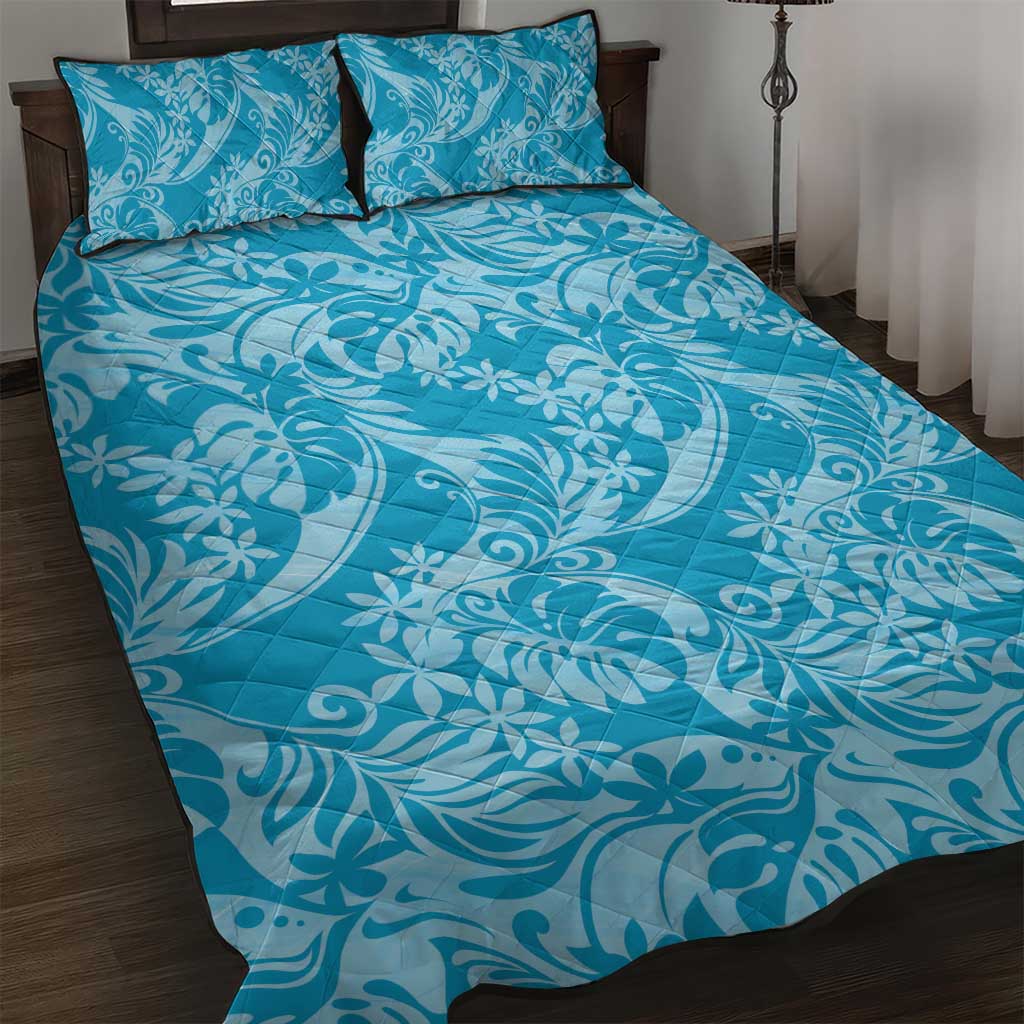Tahiti Ninamu Tiare Floral Quilt Bed Set Monstera Palm Tropical Leaves LT01 Blue - Polynesian Pride