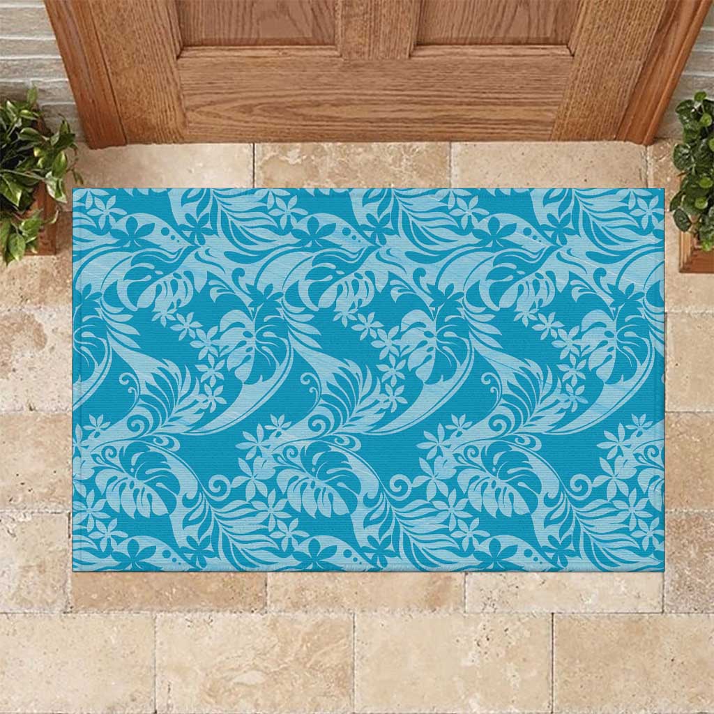 Tahiti Ninamu Tiare Floral Rubber Doormat Monstera Palm Tropical Leaves LT01 Blue - Polynesian Pride