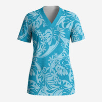 Tahiti Ninamu Tiare Floral Scrub Top Monstera Palm Tropical Leaves LT01 Adult Blue - Polynesian Pride