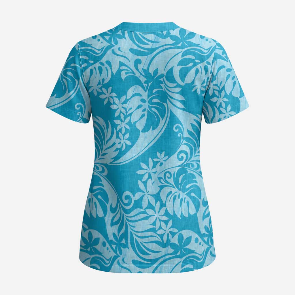 Tahiti Ninamu Tiare Floral Scrub Top Monstera Palm Tropical Leaves LT01 - Polynesian Pride