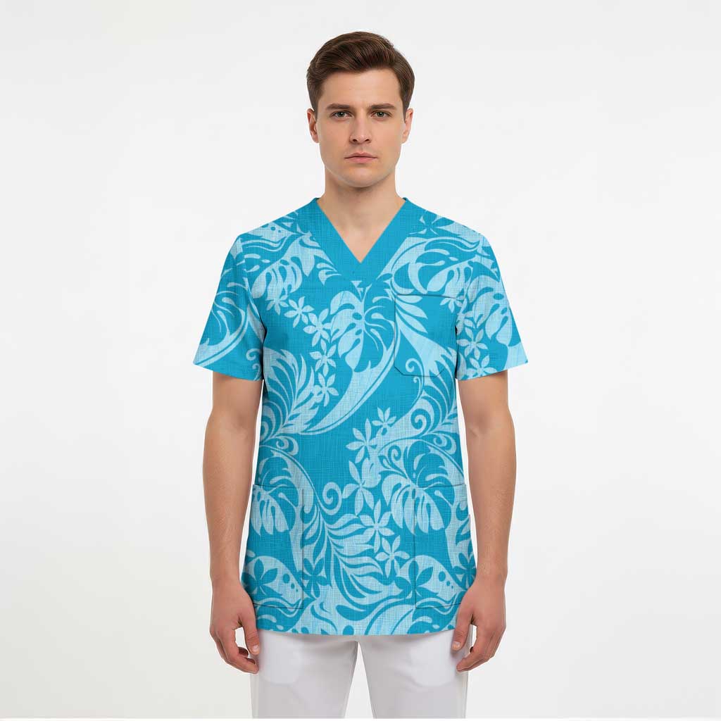 Tahiti Ninamu Tiare Floral Scrub Top Monstera Palm Tropical Leaves LT01 - Polynesian Pride