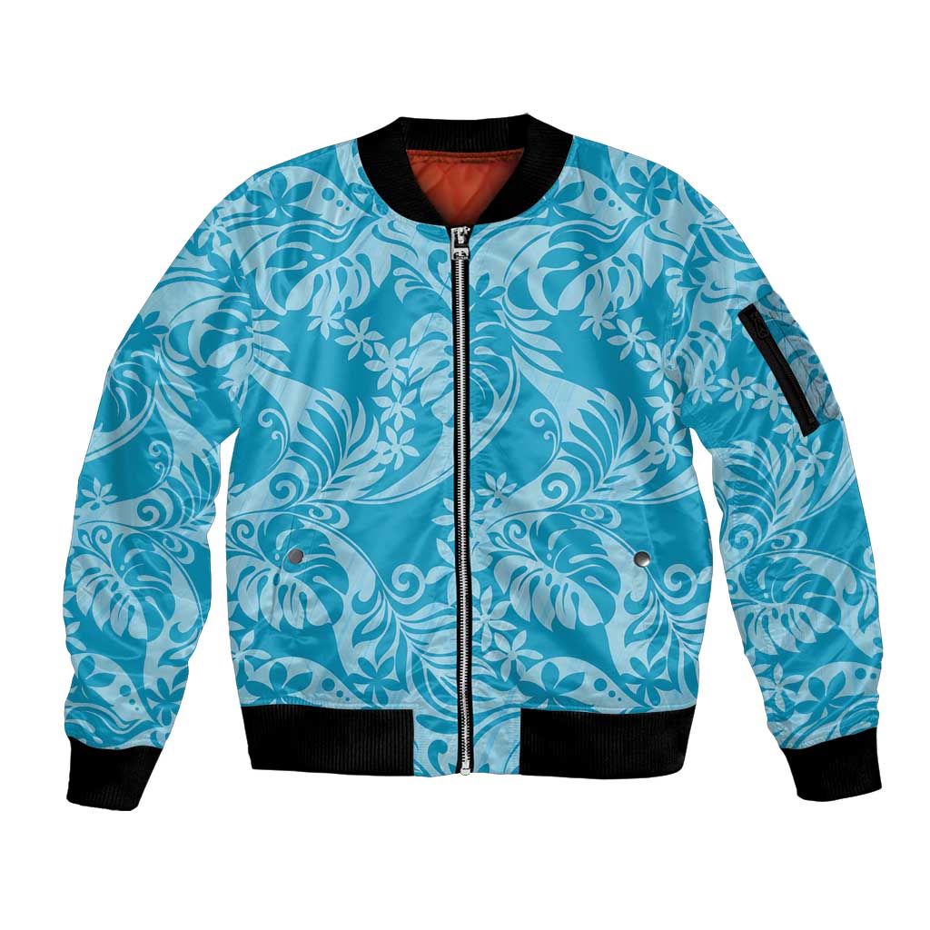 Tahiti Ninamu Tiare Floral Sleeve Zip Bomber Jacket Monstera Palm Tropical Leaves LT01 Unisex Blue - Polynesian Pride
