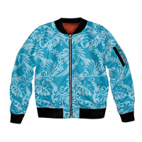Tahiti Ninamu Tiare Floral Sleeve Zip Bomber Jacket Monstera Palm Tropical Leaves LT01 Unisex Blue - Polynesian Pride