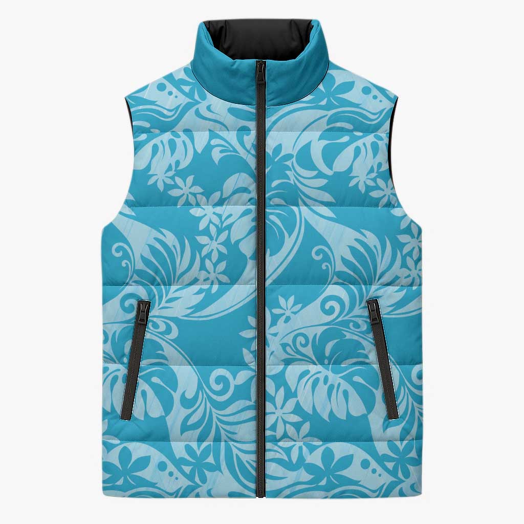 Tahiti Ninamu Tiare Floral Sleeveless Puffer Jacket Monstera Palm Tropical Leaves LT01 Unisex Blue - Polynesian Pride