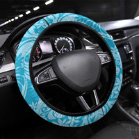 Tahiti Ninamu Tiare Floral Steering Wheel Cover Monstera Palm Tropical Leaves LT01 Universal Fit Blue - Polynesian Pride