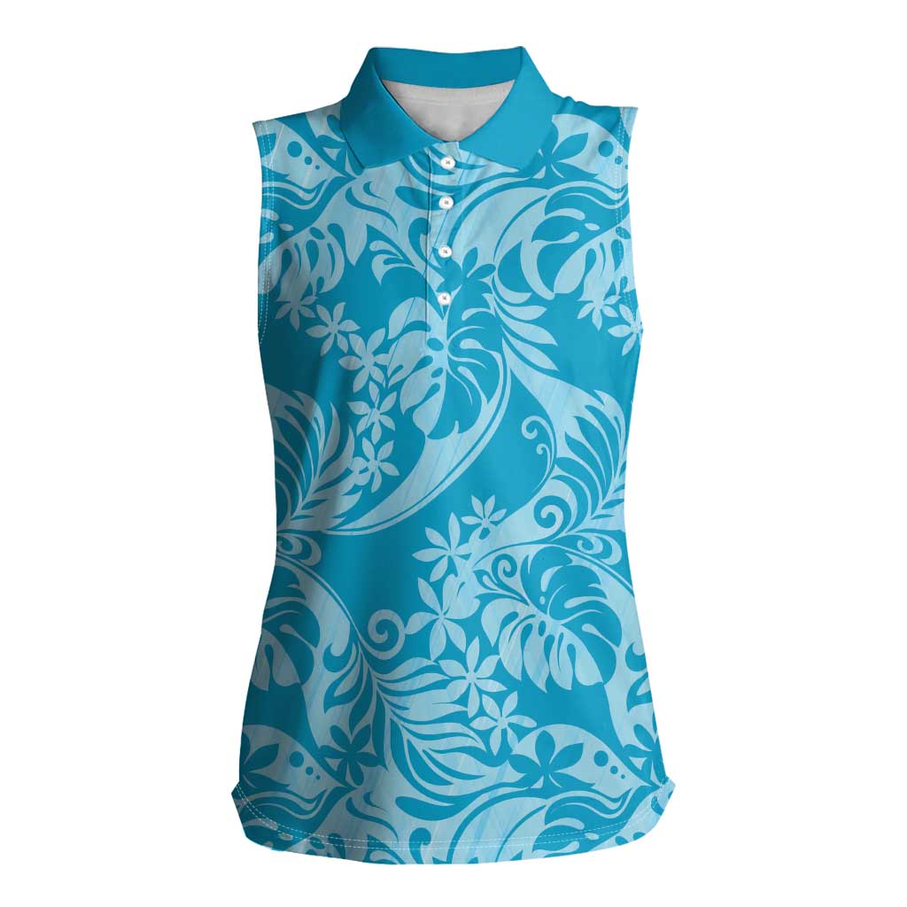 Tahiti Ninamu Tiare Floral Women Sleeveless Polo Shirt Monstera Palm Tropical Leaves LT01 Female Blue - Polynesian Pride