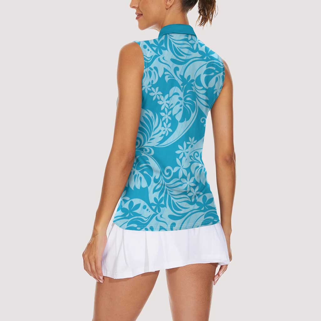 Tahiti Ninamu Tiare Floral Women Sleeveless Polo Shirt Monstera Palm Tropical Leaves - Polynesian Pride