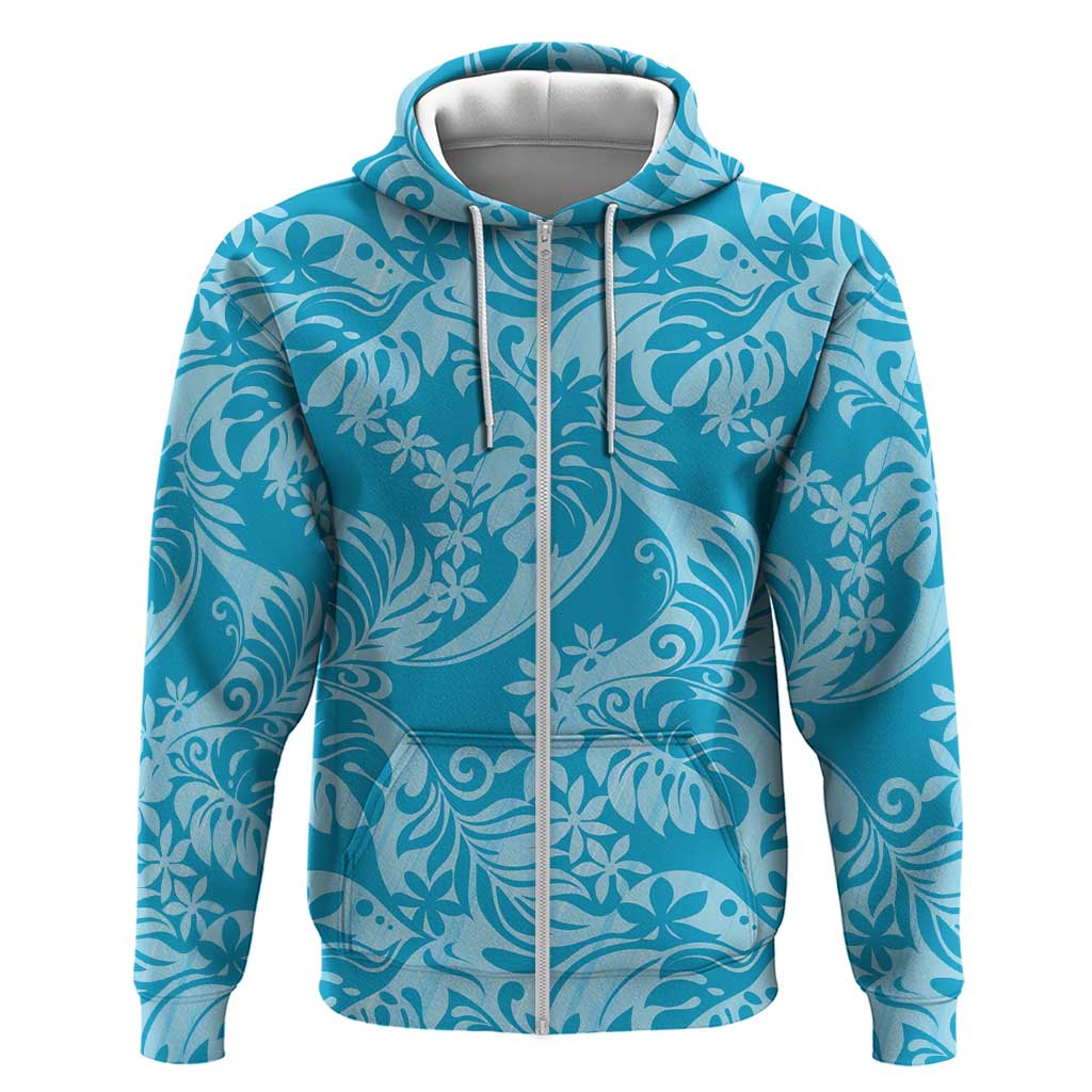 Tahiti Ninamu Tiare Floral Zip Hoodie Monstera Palm Tropical Leaves LT01 Zip Hoodie Blue - Polynesian Pride
