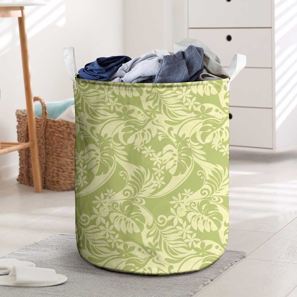 Tahiti Olive Tiare Floral Laundry Basket Monstera Palm Tropical Leaves LT01 Olive - Polynesian Pride
