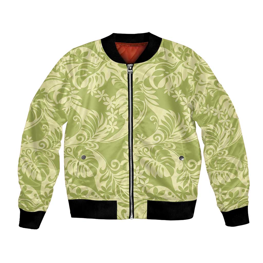 Tahiti Olive Tiare Floral Bomber Jacket Monstera Palm Tropical Leaves LT01 Unisex Olive - Polynesian Pride