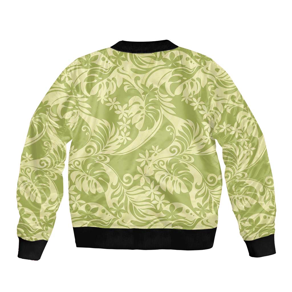 Tahiti Olive Tiare Floral Bomber Jacket Monstera Palm Tropical Leaves LT01 - Polynesian Pride