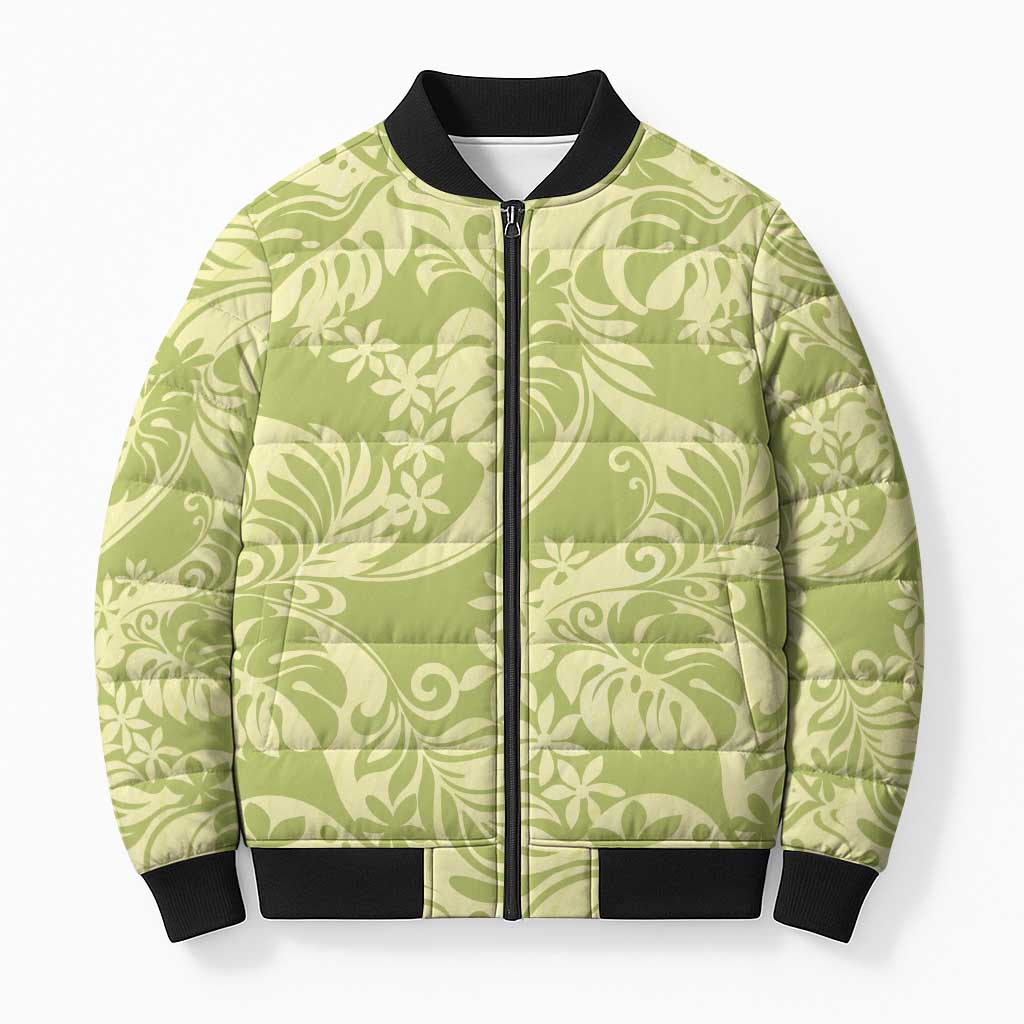 Tahiti Olive Tiare Floral Bomber Puffer Jacket Monstera Palm Tropical Leaves LT01 Unisex Olive - Polynesian Pride
