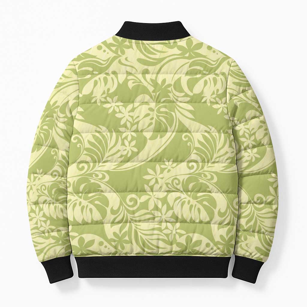 Tahiti Olive Tiare Floral Bomber Puffer Jacket Monstera Palm Tropical Leaves LT01 - Polynesian Pride