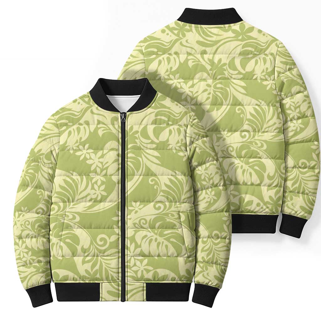 Tahiti Olive Tiare Floral Bomber Puffer Jacket Monstera Palm Tropical Leaves LT01 - Polynesian Pride