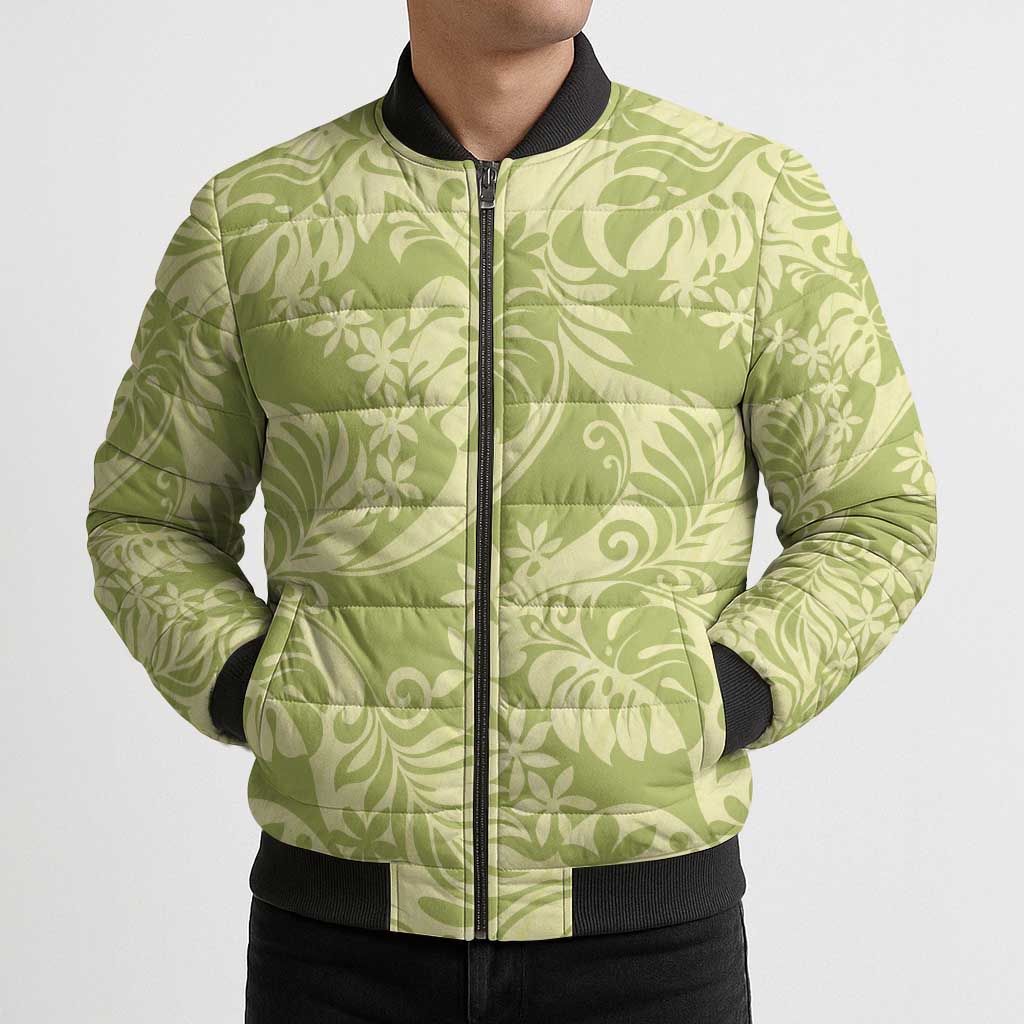 Tahiti Olive Tiare Floral Bomber Puffer Jacket Monstera Palm Tropical Leaves LT01 - Polynesian Pride