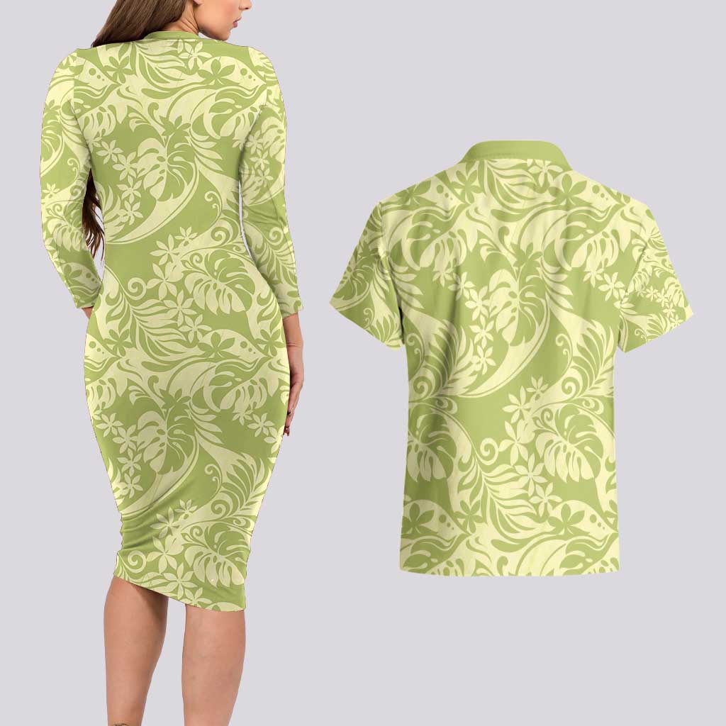 Tahiti Olive Tiare Floral Couples Matching Long Sleeve Bodycon Dress and Hawaiian Shirt Monstera Palm Tropical Leaves - Polynesian Pride