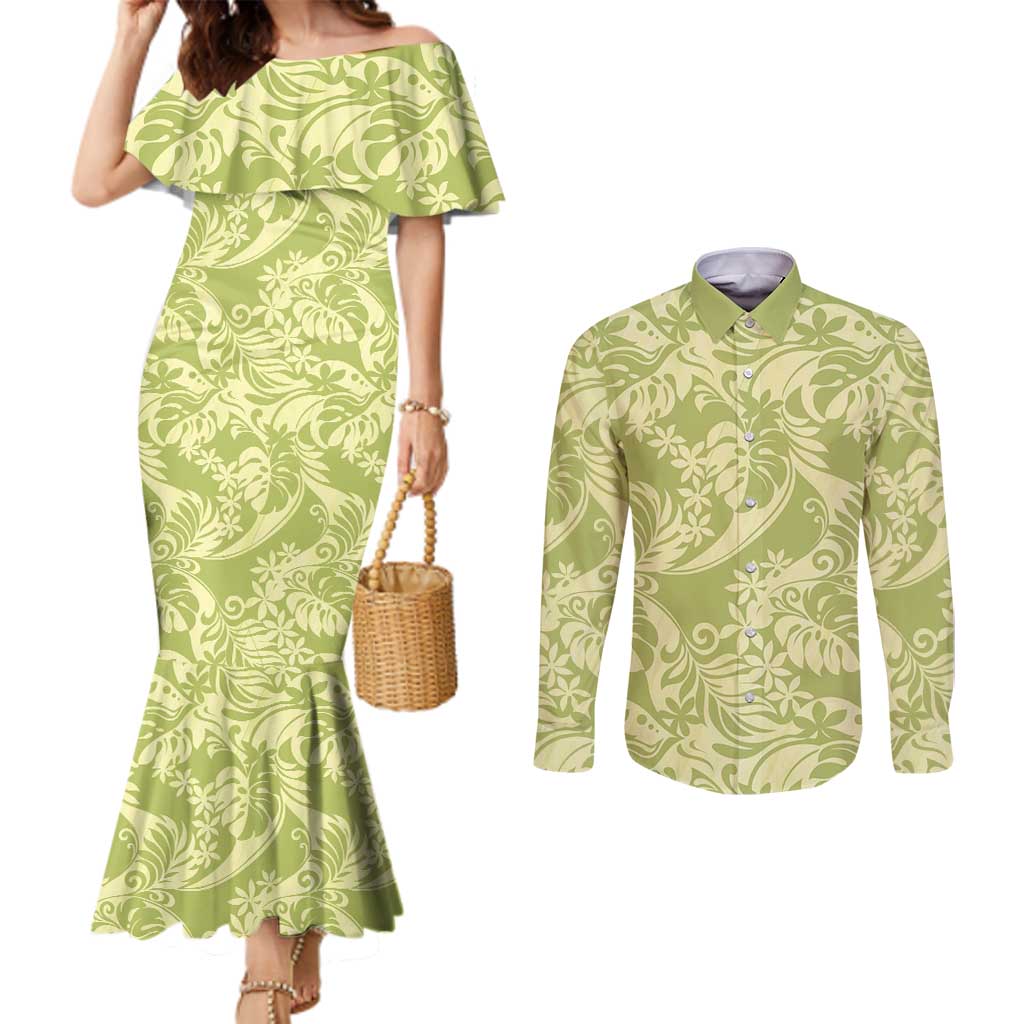 Tahiti Olive Tiare Floral Couples Matching Mermaid Dress and Long Sleeve Button Shirt Monstera Palm Tropical Leaves - Polynesian Pride