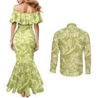 Tahiti Olive Tiare Floral Couples Matching Mermaid Dress and Long Sleeve Button Shirt Monstera Palm Tropical Leaves - Polynesian Pride