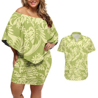 Tahiti Olive Tiare Floral Couples Matching Off Shoulder Short Dress and Hawaiian Shirt Monstera Palm Tropical Leaves - Polynesian Pride
