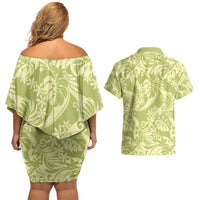 Tahiti Olive Tiare Floral Couples Matching Off Shoulder Short Dress and Hawaiian Shirt Monstera Palm Tropical Leaves - Polynesian Pride