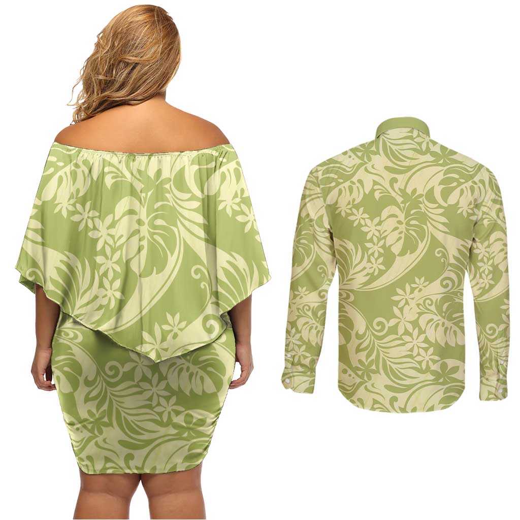 Tahiti Olive Tiare Floral Couples Matching Off Shoulder Short Dress and Long Sleeve Button Shirt Monstera Palm Tropical Leaves - Polynesian Pride