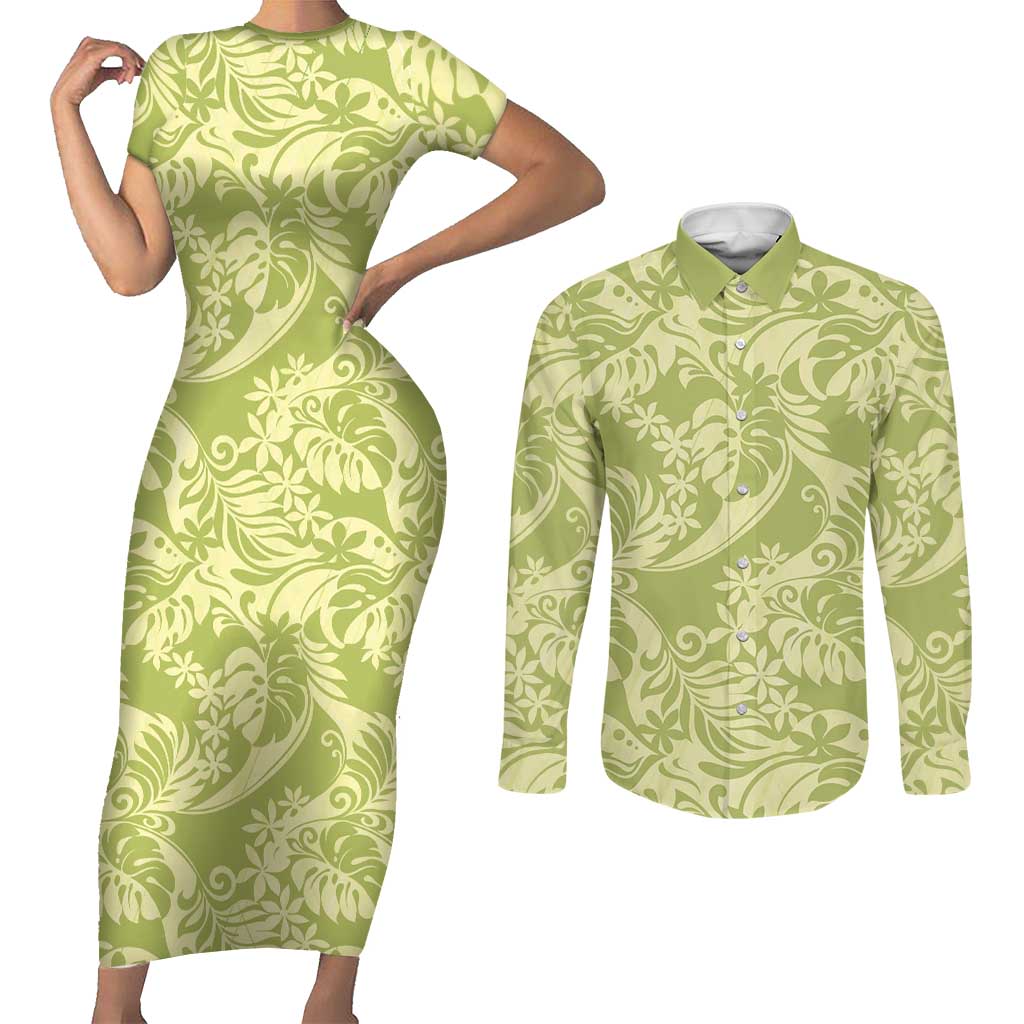 Tahiti Olive Tiare Floral Couples Matching Short Sleeve Bodycon Dress and Long Sleeve Button Shirt Monstera Palm Tropical Leaves LT01 Olive - Polynesian Pride