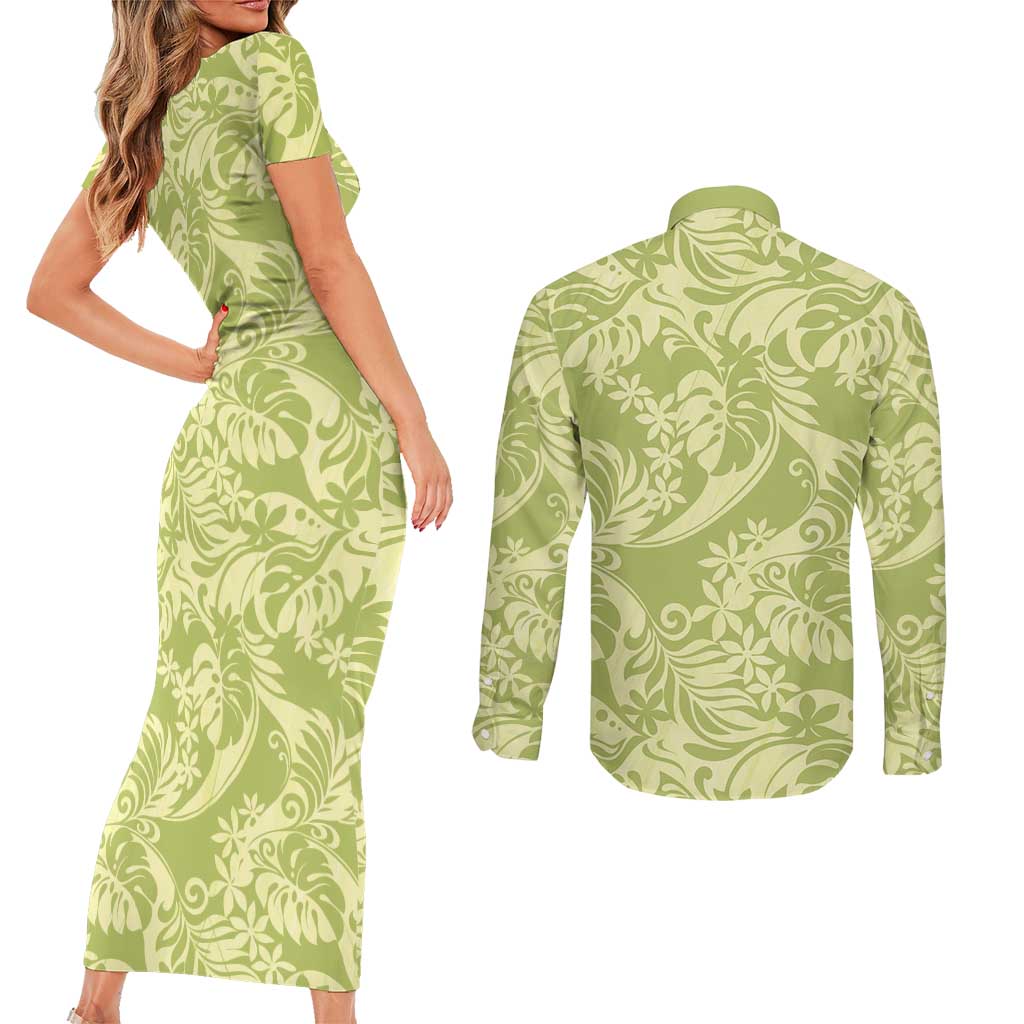 Tahiti Olive Tiare Floral Couples Matching Short Sleeve Bodycon Dress and Long Sleeve Button Shirt Monstera Palm Tropical Leaves - Polynesian Pride
