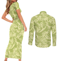 Tahiti Olive Tiare Floral Couples Matching Short Sleeve Bodycon Dress and Long Sleeve Button Shirt Monstera Palm Tropical Leaves - Polynesian Pride