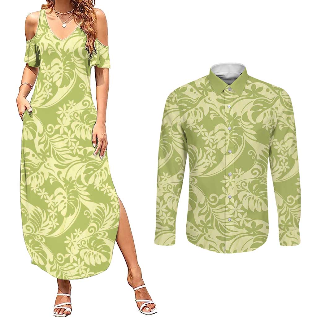 Tahiti Olive Tiare Floral Couples Matching Summer Maxi Dress and Long Sleeve Button Shirt Monstera Palm Tropical Leaves LT01 Olive - Polynesian Pride