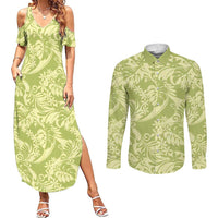 Tahiti Olive Tiare Floral Couples Matching Summer Maxi Dress and Long Sleeve Button Shirt Monstera Palm Tropical Leaves - Polynesian Pride