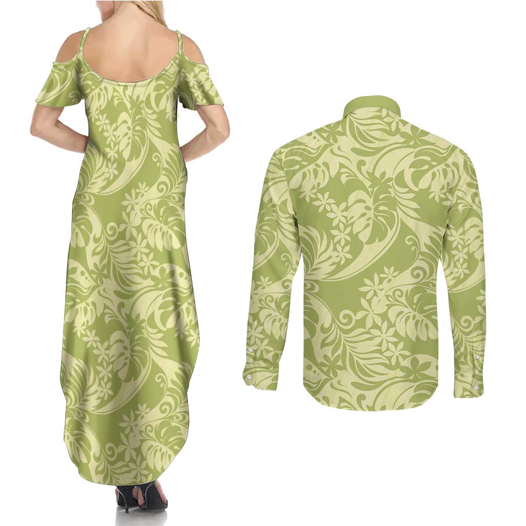 Tahiti Olive Tiare Floral Couples Matching Summer Maxi Dress and Long Sleeve Button Shirt Monstera Palm Tropical Leaves - Polynesian Pride