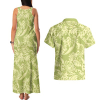 Tahiti Olive Tiare Floral Couples Matching Tank Maxi Dress and Hawaiian Shirt Monstera Palm Tropical Leaves - Polynesian Pride