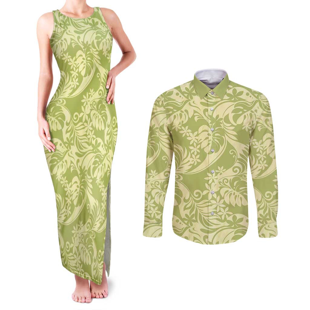 Tahiti Olive Tiare Floral Couples Matching Tank Maxi Dress and Long Sleeve Button Shirt Monstera Palm Tropical Leaves LT01 Olive - Polynesian Pride
