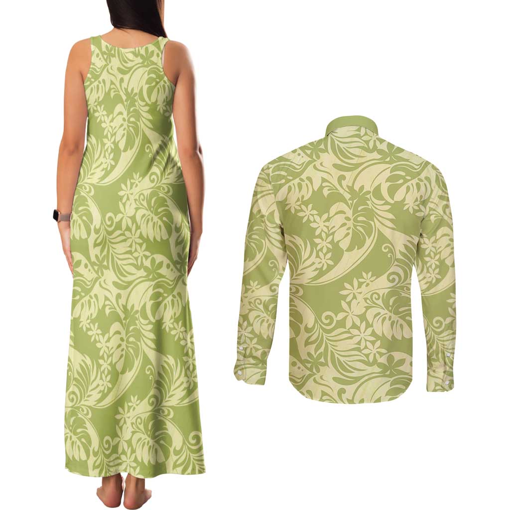 Tahiti Olive Tiare Floral Couples Matching Tank Maxi Dress and Long Sleeve Button Shirt Monstera Palm Tropical Leaves - Polynesian Pride
