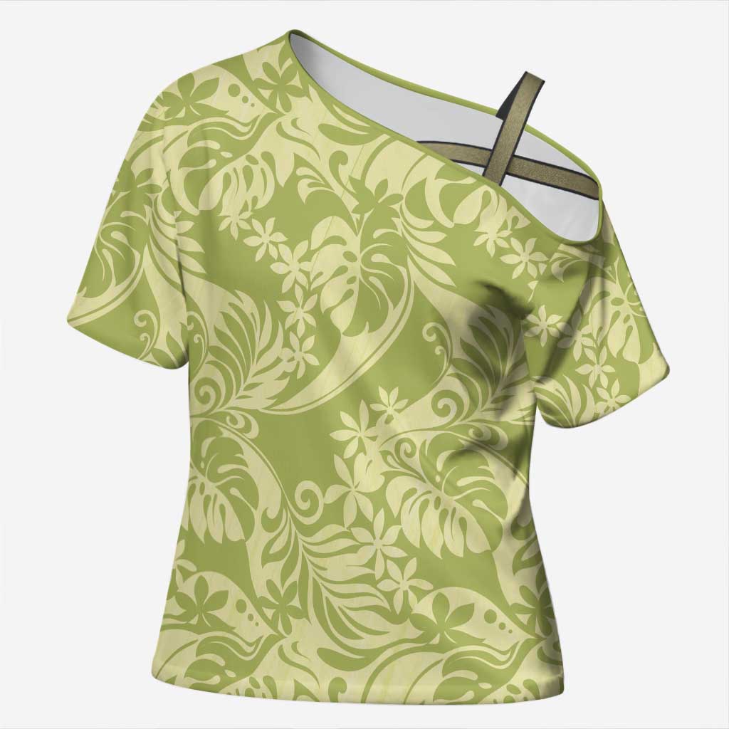 Tahiti Olive Tiare Floral Cross Shoulder Shirt Monstera Palm Tropical Leaves LT01 Female Olive - Polynesian Pride