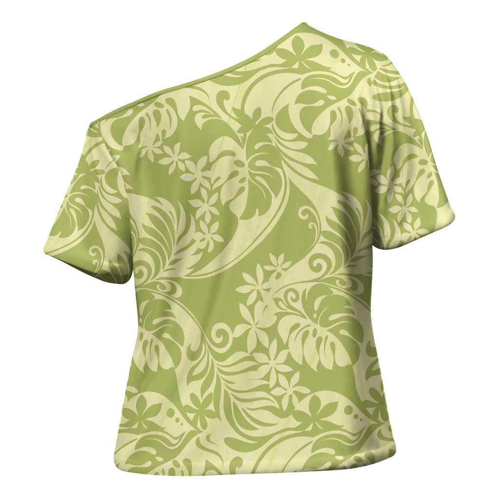 Tahiti Olive Tiare Floral Cross Shoulder Shirt Monstera Palm Tropical Leaves LT01 - Polynesian Pride