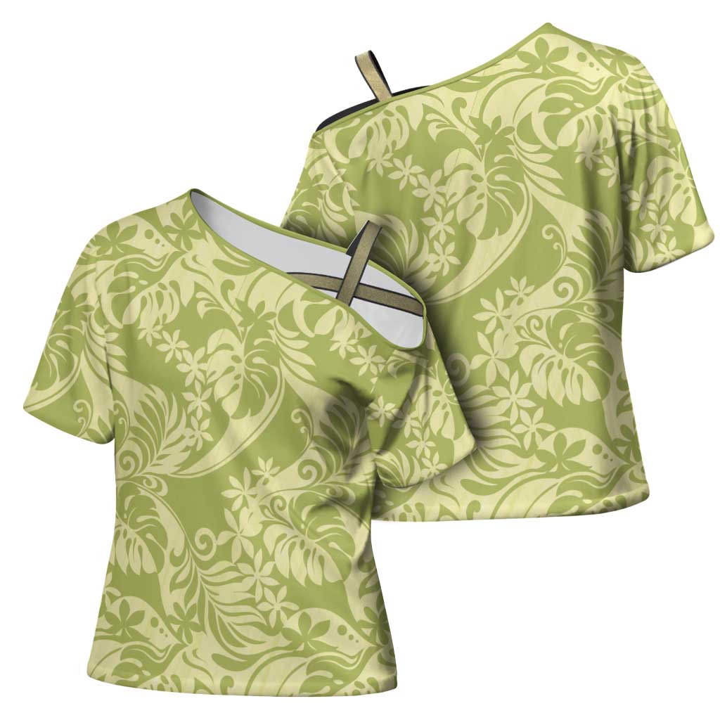 Tahiti Olive Tiare Floral Cross Shoulder Shirt Monstera Palm Tropical Leaves LT01 - Polynesian Pride