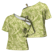 Tahiti Olive Tiare Floral Cross Shoulder Shirt Monstera Palm Tropical Leaves LT01 - Polynesian Pride