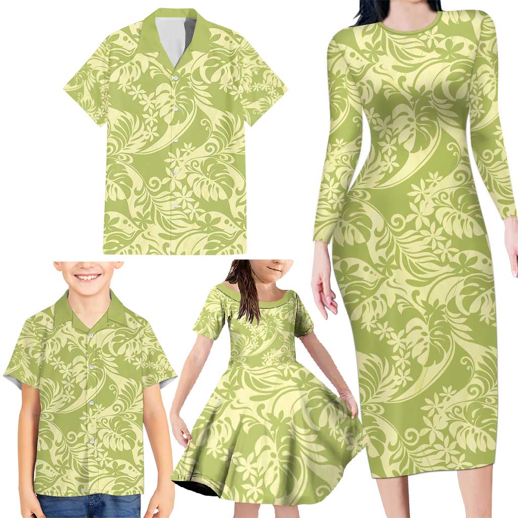 Tahiti Olive Tiare Floral Family Matching Long Sleeve Bodycon Dress and Hawaiian Shirt Monstera Palm Tropical Leaves - Polynesian Pride