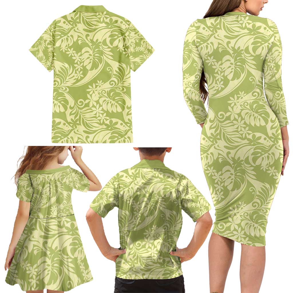 Tahiti Olive Tiare Floral Family Matching Long Sleeve Bodycon Dress and Hawaiian Shirt Monstera Palm Tropical Leaves - Polynesian Pride