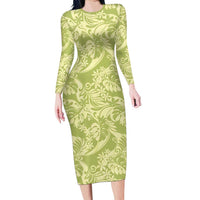 Tahiti Olive Tiare Floral Family Matching Long Sleeve Bodycon Dress and Hawaiian Shirt Monstera Palm Tropical Leaves - Polynesian Pride