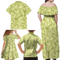 Tahiti Olive Tiare Floral Family Matching Off Shoulder Maxi Dress and Hawaiian Shirt Monstera Palm Tropical Leaves - Polynesian Pride