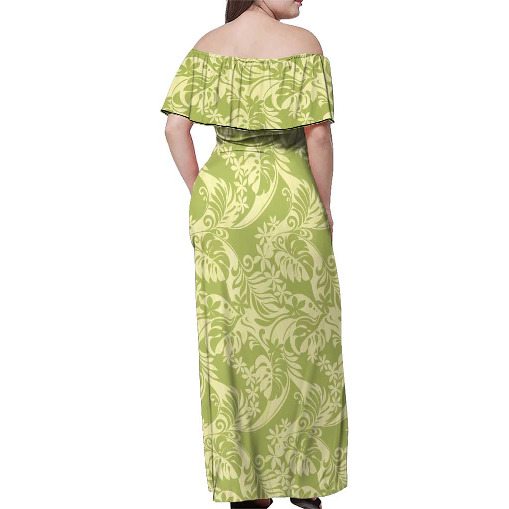 Tahiti Olive Tiare Floral Family Matching Off Shoulder Maxi Dress and Hawaiian Shirt Monstera Palm Tropical Leaves - Polynesian Pride