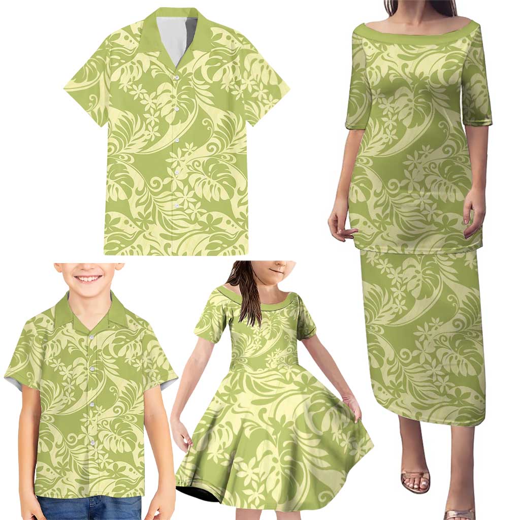 Tahiti Olive Tiare Floral Family Matching Puletasi and Hawaiian Shirt Monstera Palm Tropical Leaves - Polynesian Pride