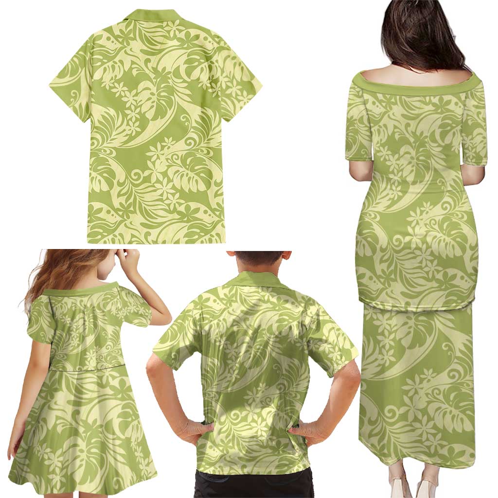 Tahiti Olive Tiare Floral Family Matching Puletasi and Hawaiian Shirt Monstera Palm Tropical Leaves - Polynesian Pride