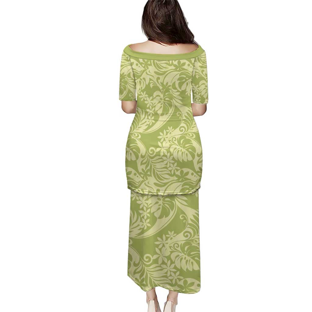 Tahiti Olive Tiare Floral Family Matching Puletasi and Hawaiian Shirt Monstera Palm Tropical Leaves - Polynesian Pride